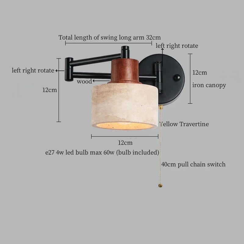 Axyaa Nordic Minimalism LED Wall Sconce Yellow Travertine Pull Chain Switch