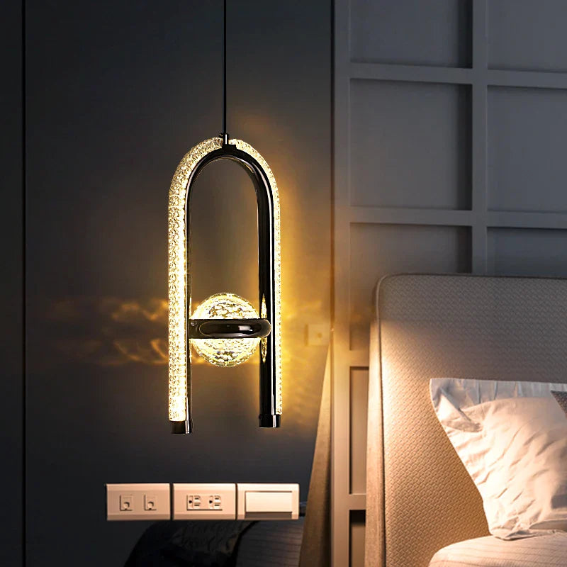Axyaa Crystal Pearl LED Pendant Chandelier in Black/Gold Finish for Modern Home Décor
