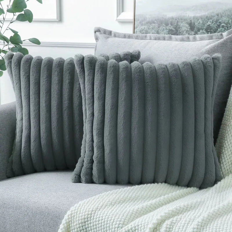 Axyaa White Green Rabbit Hair Cushion Cover Set - Modern Luxury Sofa Pillows