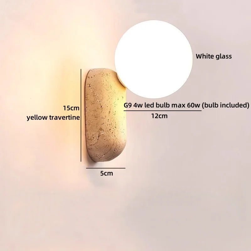 Axyaa Wabi Sabi LED Wall Light Yellow Travertine Stone Glass Ball Wandlamp