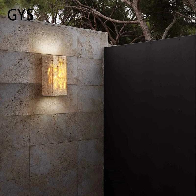 Axya Waterproof LED Garden Light for Courtyard, Designer Outdoor Wall Lamp, Yellow Travertine Stone Lights