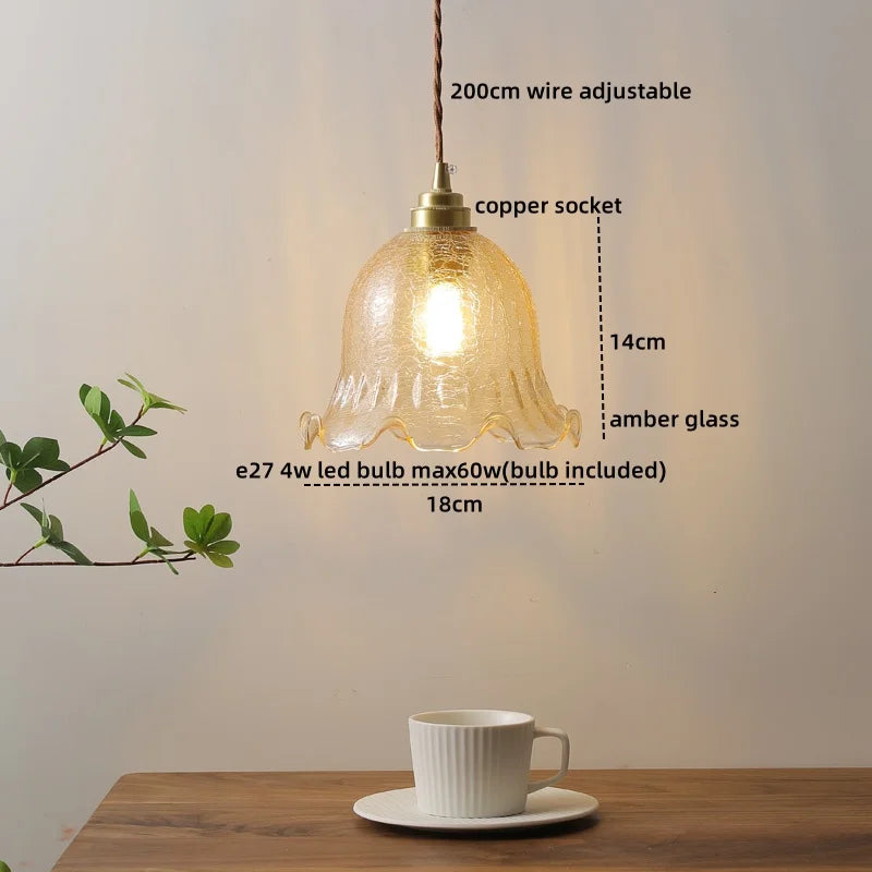Axyaa Pink Glass LED Pendant Lights - Copper Nordic Hanging Lamp for Bedroom, Dining, and Living Room