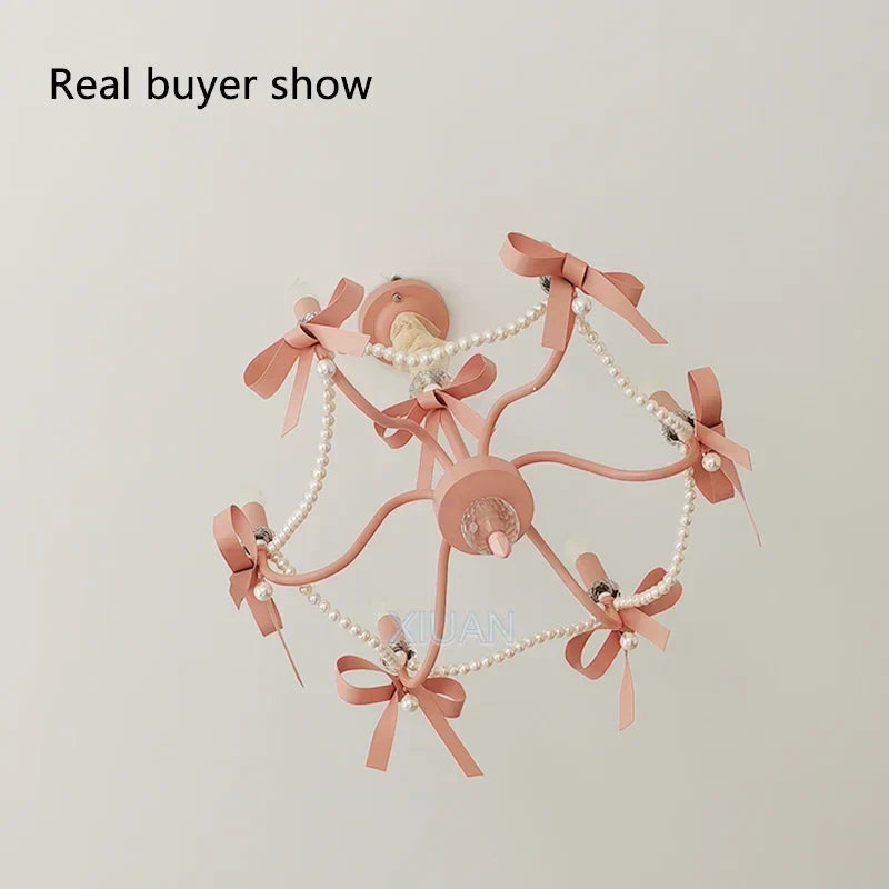 Axyaa Pink Chandelier Bow Pendant Lights for Romantic Home Decor