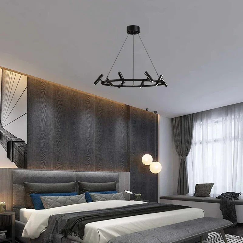 Axyaa Round Black Metal Chandelier - Adjustable LED Pendant Light for Home Lighting
