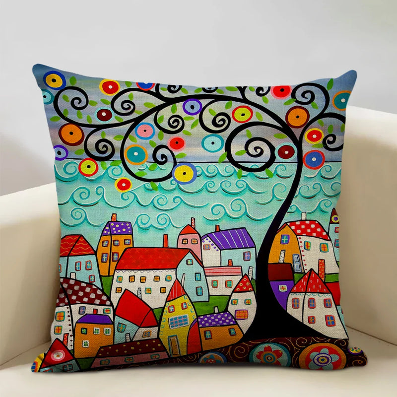 Axyaa Scenic Illustration Cushion Cover 45x45cm for Home Art Decoration