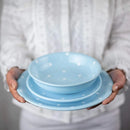 Axyaa Polka Dot Ceramic Dinnerware Set for 4 | Handmade Light Blue & White Pottery