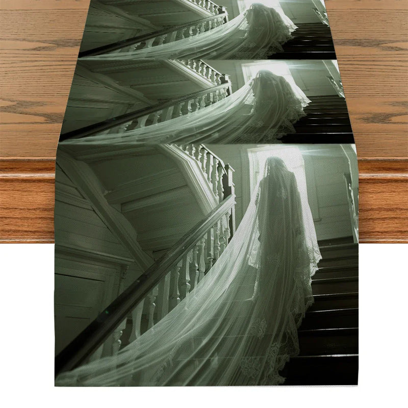 Axyaa Halloween Ghost House Table Runner - Indoor Outdoor Home Dining Decoration