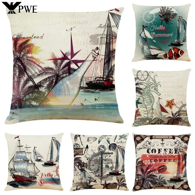 Axyaa Sailing Boat Linen Pillowcase - 45*45cm