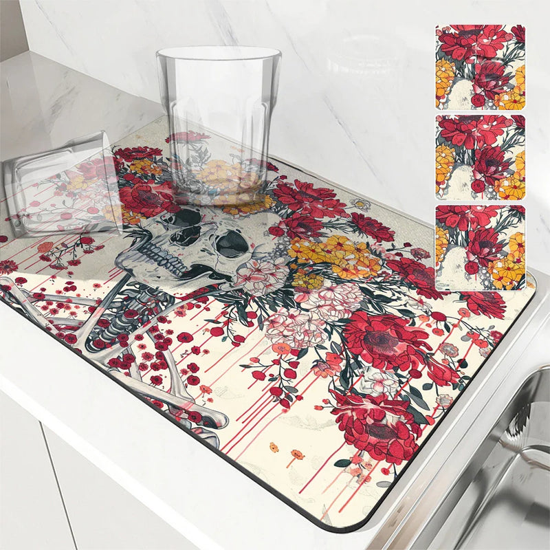 Axyaa Floral Skull Absorbent Dish Drying Mat with Rubber Backing