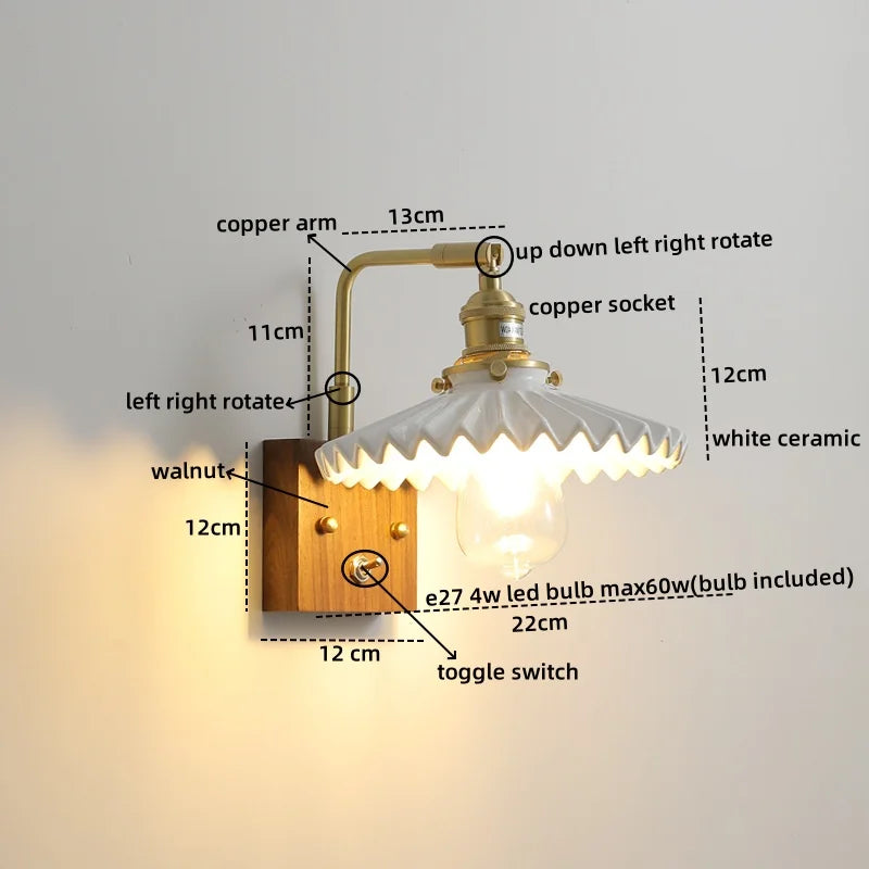 Axyaa Walnut Ceramic LED Wall Lamp with Pull Chain Switch