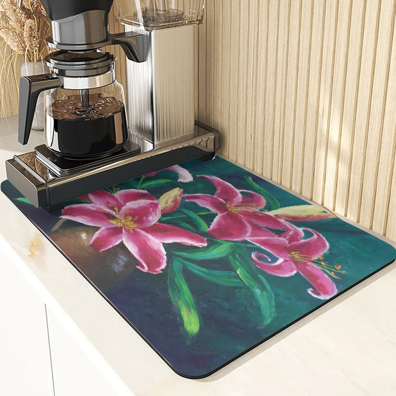Axyaa Silicone Drainer Mat: Plant Style, Non-Slip, Absorbent Kitchen Drying Mat