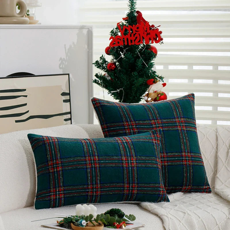 Axyaa Retro Green Plaid Cushion Cover - 45x45cm Christmas Theme