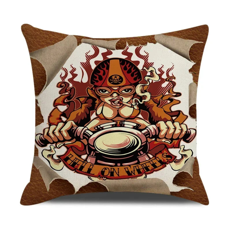 Retro Motorcycle Girls Linen Pillow Cover by Axyaa