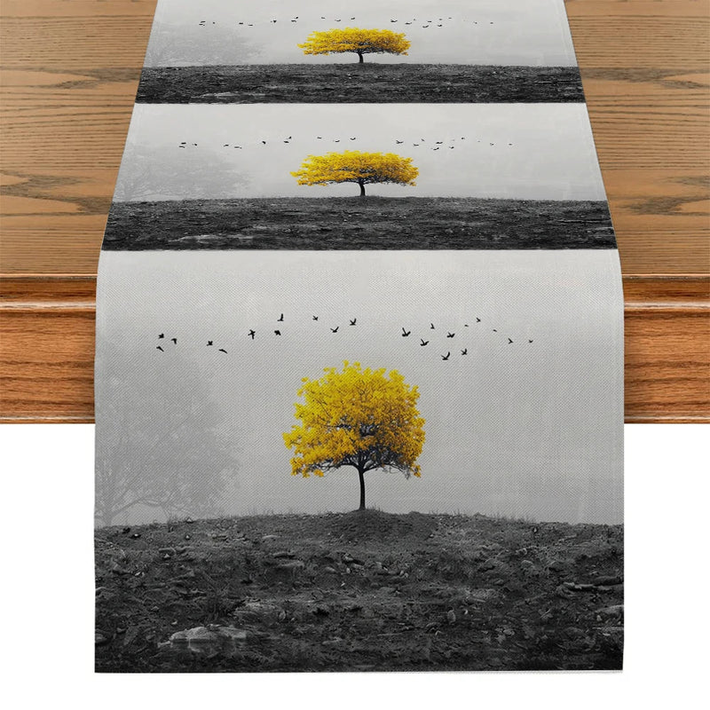 Axyaa Yellow Tree Birds Table Runner for Kitchen Dining Wedding Party