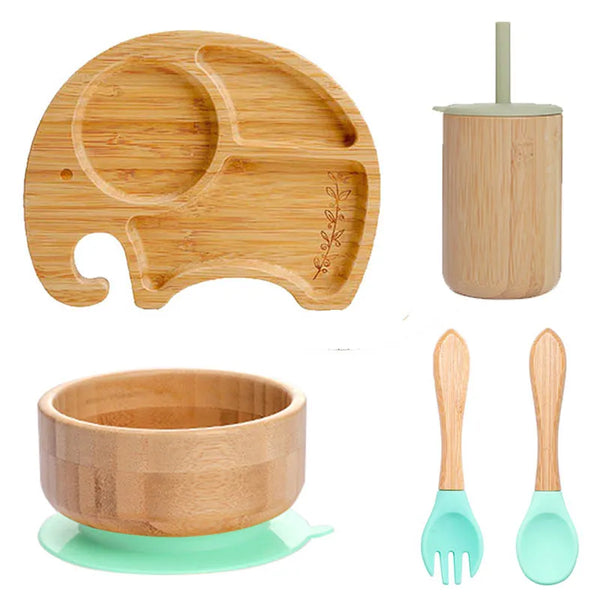 Axya Kids 5Pcs Bamboo Tableware Set with Suction Cup Non-Slip Base