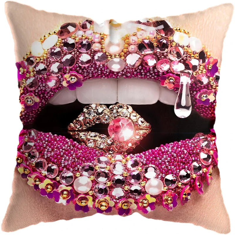 Pink Gold Lips Cushion Cover by Axyaa: Modern Nordic Diamond Painting Home Decor