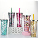 Axyaa Glitter Double Layer Sippy Cup, Large Capacity Reusable Coffee Milk Tea Cup