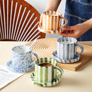 Axyaa Striped Ceramic Cup and Plate Set, 280ml Afternoon Tea Coffee Cup