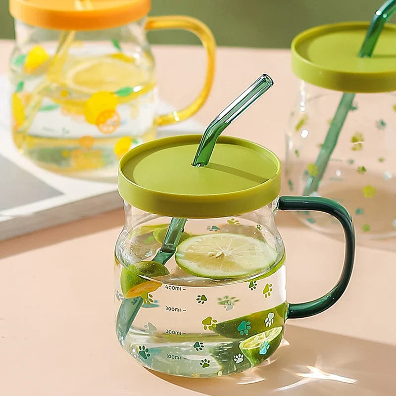 Axya Grass Pattern Glass Tumbler with Straw, Lid, and Graduated Heat-Resistant Cup