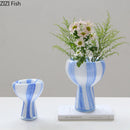 Axyaa Blue White Striped Glass Vase for Artistic Flowers and Home Decor