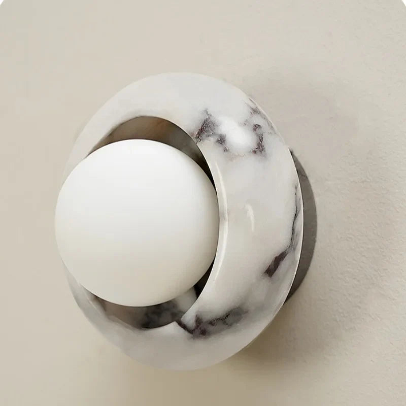 Axyaa Round Bulgari Stone LED Wall Lamp with Switch, White Glass Ball, Nordic Modern