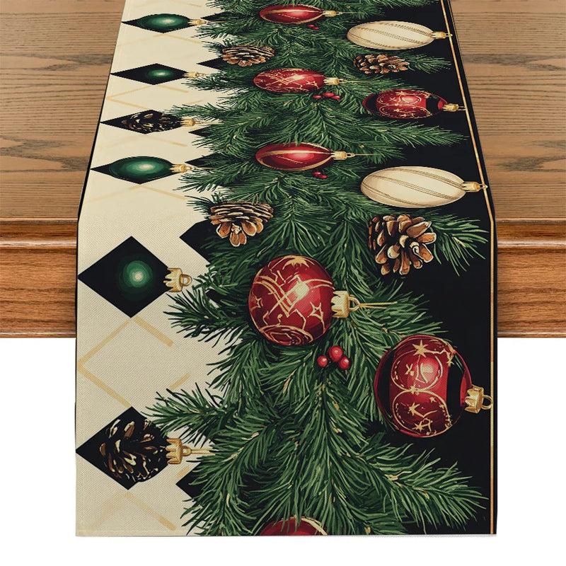 Axyaa Christmas Ball Fir Snow Table Runner for Home Decor & Parties