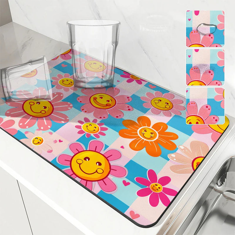 Axyaa Sunflower Anti-slip Draining Mat - Quick Dry Kitchen & Bathroom Absorbent Pad