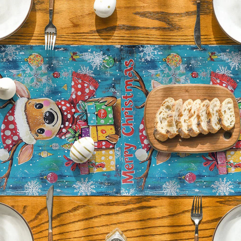 Axyaa Christmas Deer Table Runner for Kitchen Holiday Party Decor
