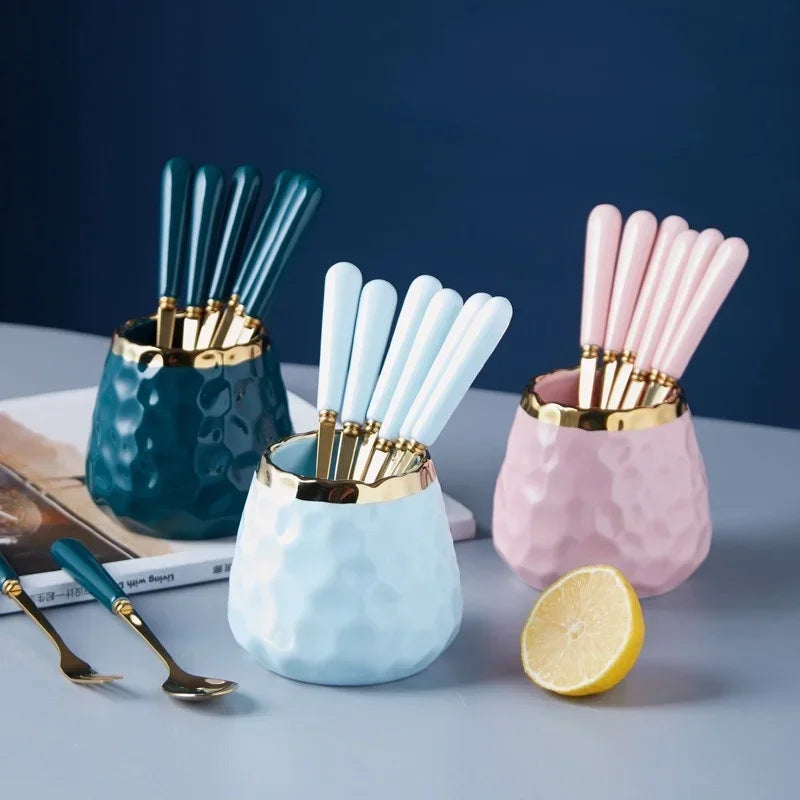 Axyaa Ceramic Storage Container Mini Utensil Set Nordic Style Gold Edge Smooth Texture
