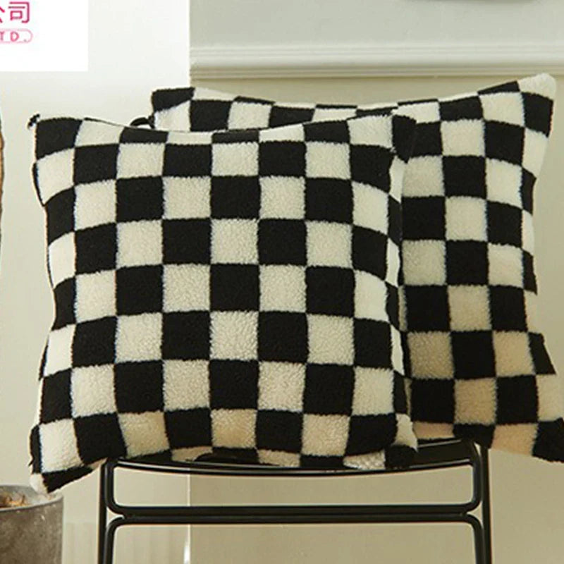 Axyaa Plaid Faux Fur Wool Throw Pillow Cover for Home Decor
