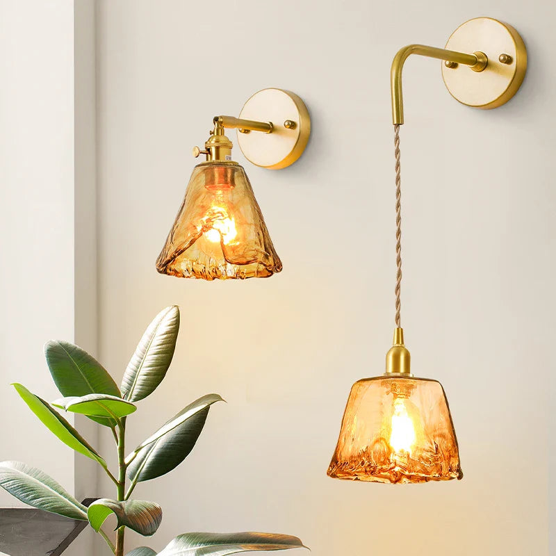 Axyaa Glass LED Wall Sconce Light Pull Chain Copper Applique Murale