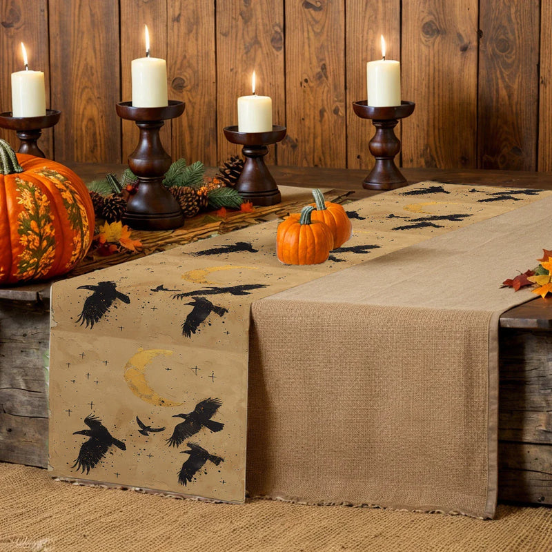 Black Crow Watercolor Silhouette Table Runner for Dining & Party Decor by Axyaa