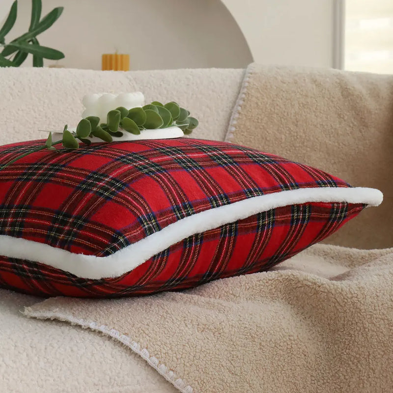 Axyaa Red Plaid Cushion Cover with White Plush Edge for Living Room and Bedroom