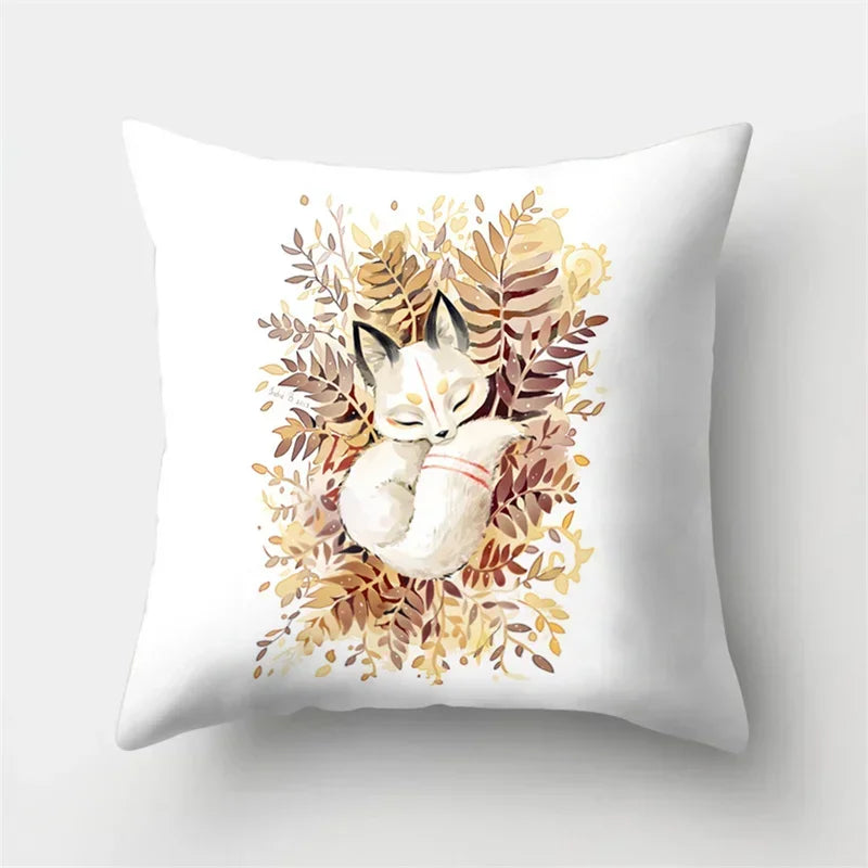 Fox and Bird Polyester Pillowcase by Axyaa: Cartoon Landscape Cushion Cover for Sofa