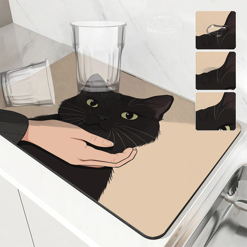Axyaa Cartoon Cat Kitchen Drying Mat - Quick Dry Drain Pad for Faucet