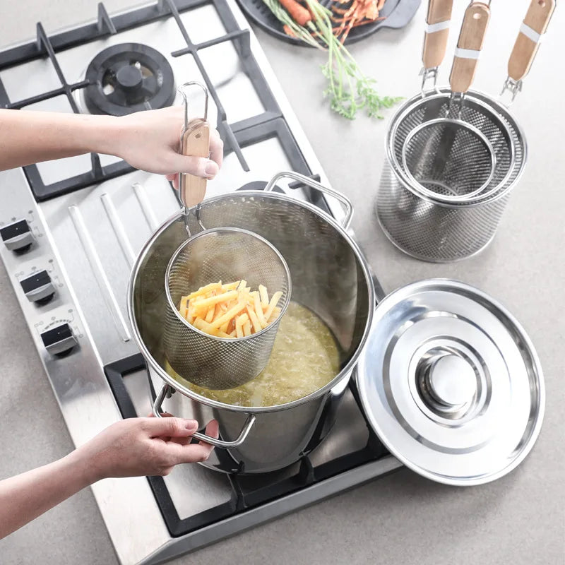 Axyaa Stainless Steel Hot Pot Colander with Wooden Handle - Kitchen Skimmer Basket