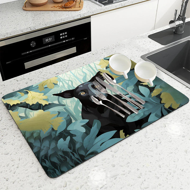 Axyaa Tropical Plant Dog Kitchen Drying Mat - Quick Dry Tableware & Bathroom Pad