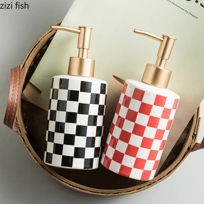Axya Ceramic Soap Dispenser with Geometric Pattern Pump Shampoo Bottle