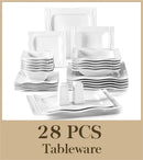Axyaa 28-Piece White Porcelain Dinnerware Set Square Plates Bowls Salt Pepper Pot