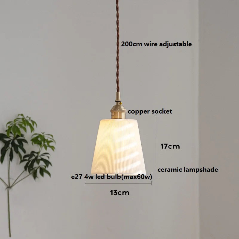 Axyaa White Ceramic LED Pendant Light with Wood Handle - Bedroom Living Room Lamp