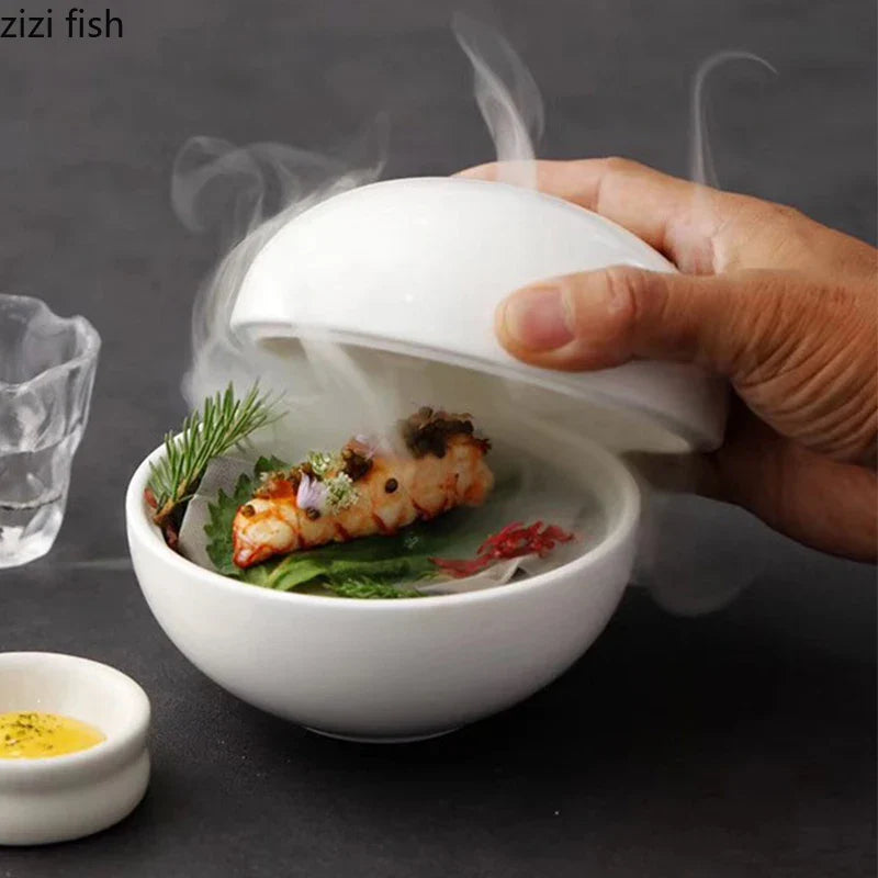 Axya Round Ceramic Soup Basin with Lid Snack Desserts Plate - 18 words