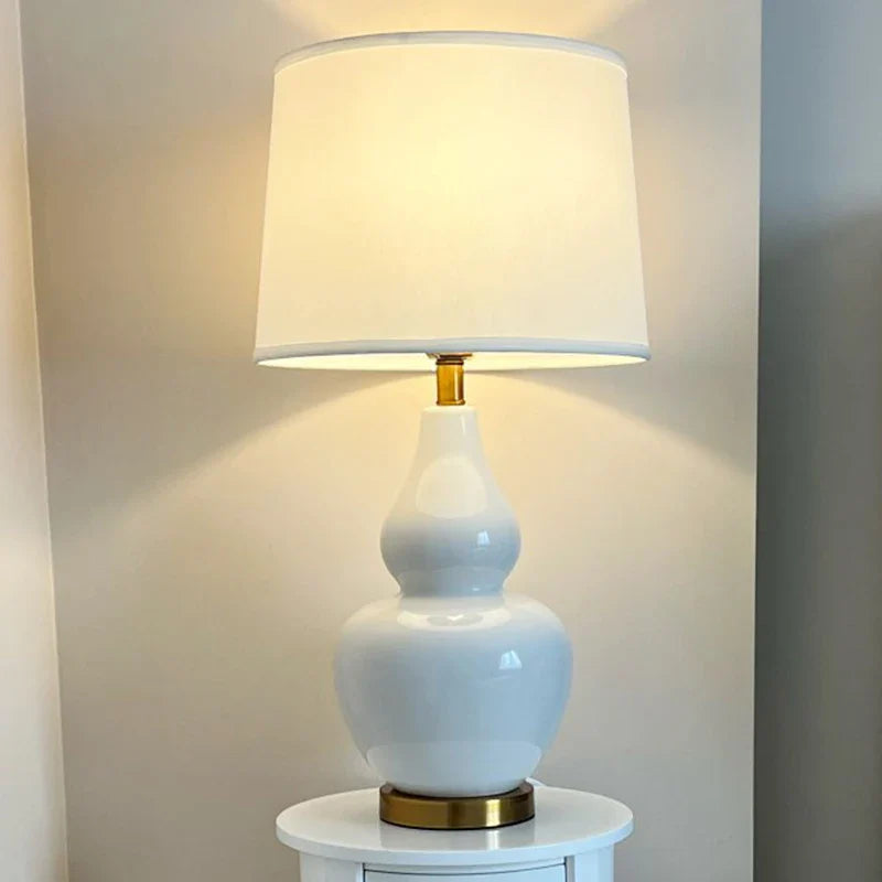 Axyaa White Ceramic Gourd Table Lamp for Bedroom Living Room Study