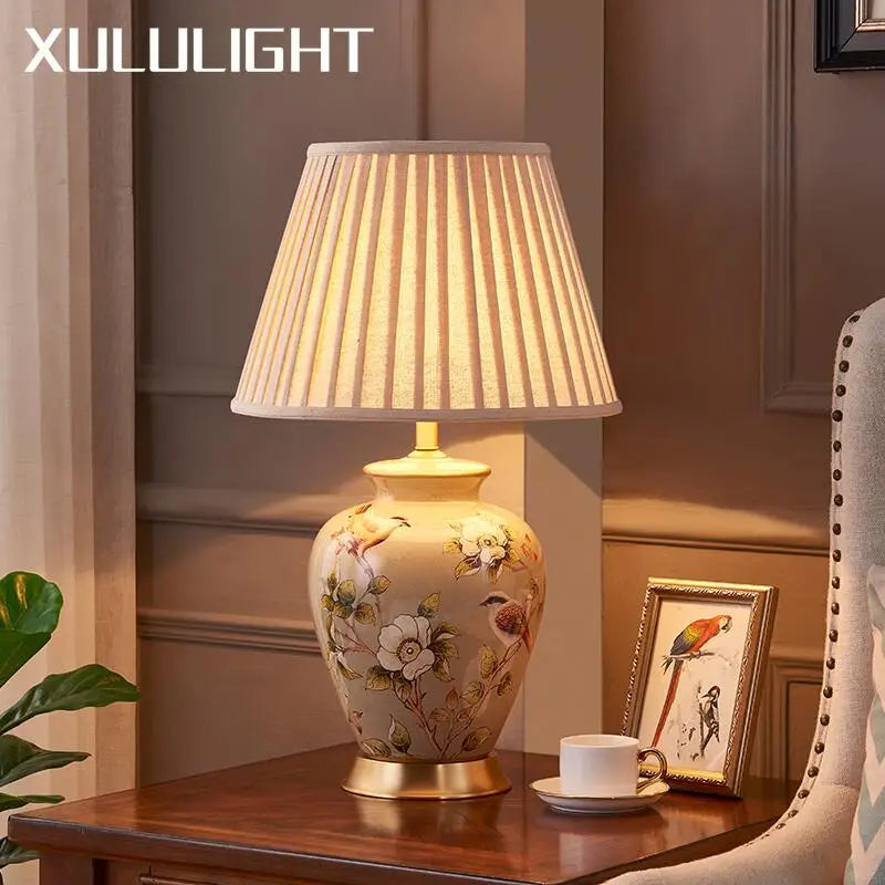 Axyaa Retro Ceramic Table Lamp with Remote Control for Bedroom and Living Room