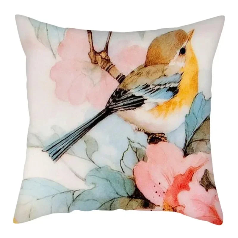 Axyaa Bird and Flower Printed Pillow Cover 45x45cm for Home Sofa Decor