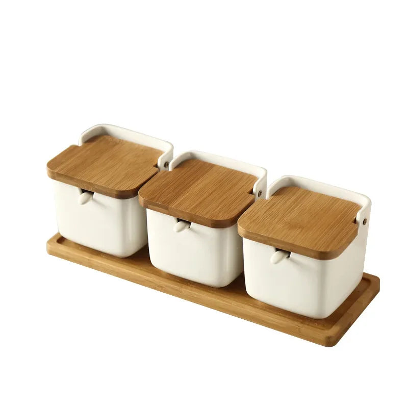 Axya Ceramic Spice Containers with Bamboo Lids - Kitchen Seasoning Set