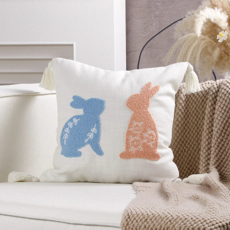 Axyaa Bunny Rabbit Floral Embroidery Pillow Cover, Soft Canvas Texture, Easter Home Decor