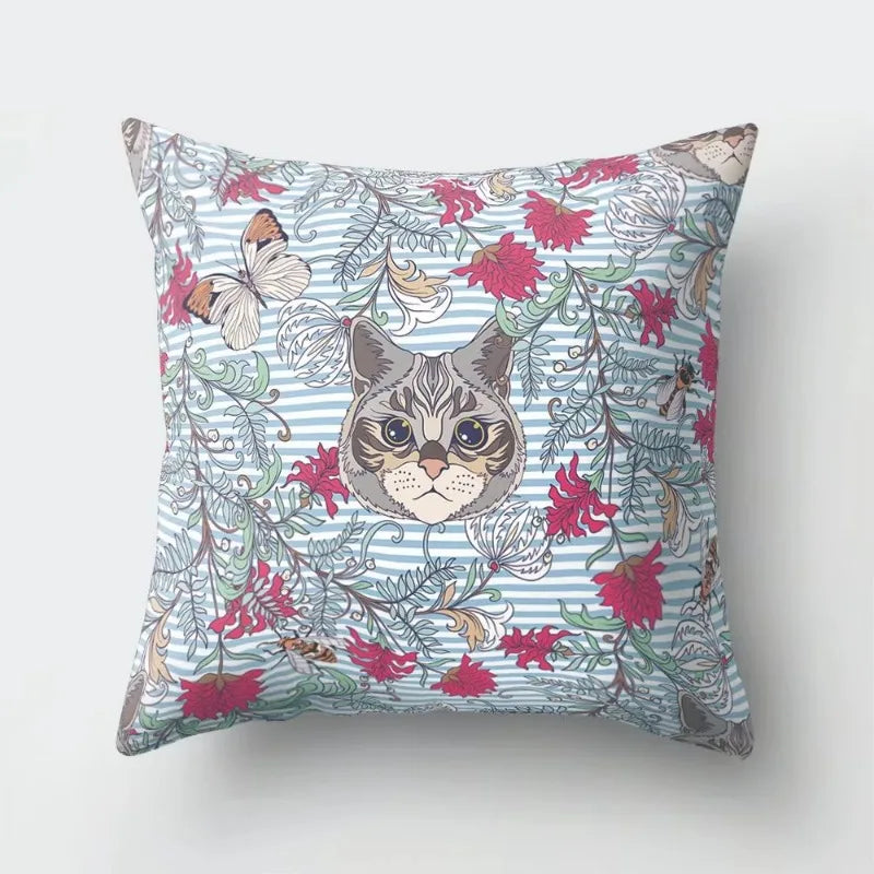 Tropical Cactus Flower Cat Print Pillow Cover 45X45CM for Home Sofa Chair