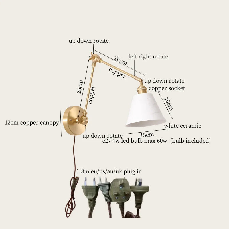 Axyaa Ceramic LED Wall Lamp Pull Chain Switch Nordic Copper Wandlamp