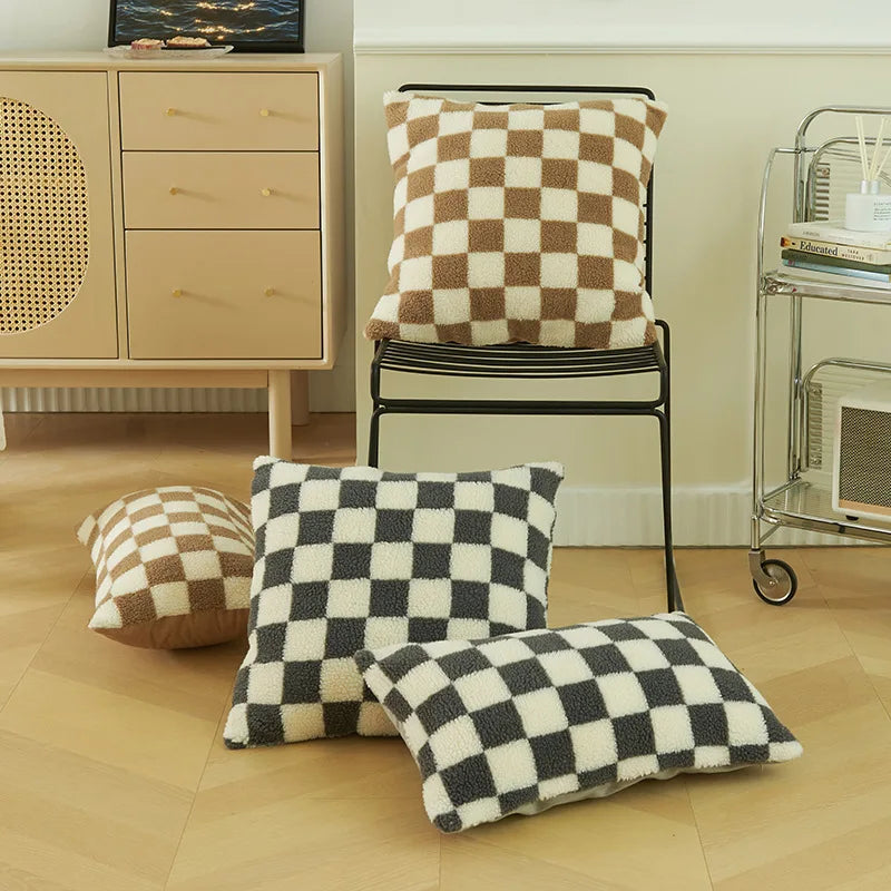 Axyaa Checkerboard Lamb Pillowcase in Black White Brown Green for Home Decor