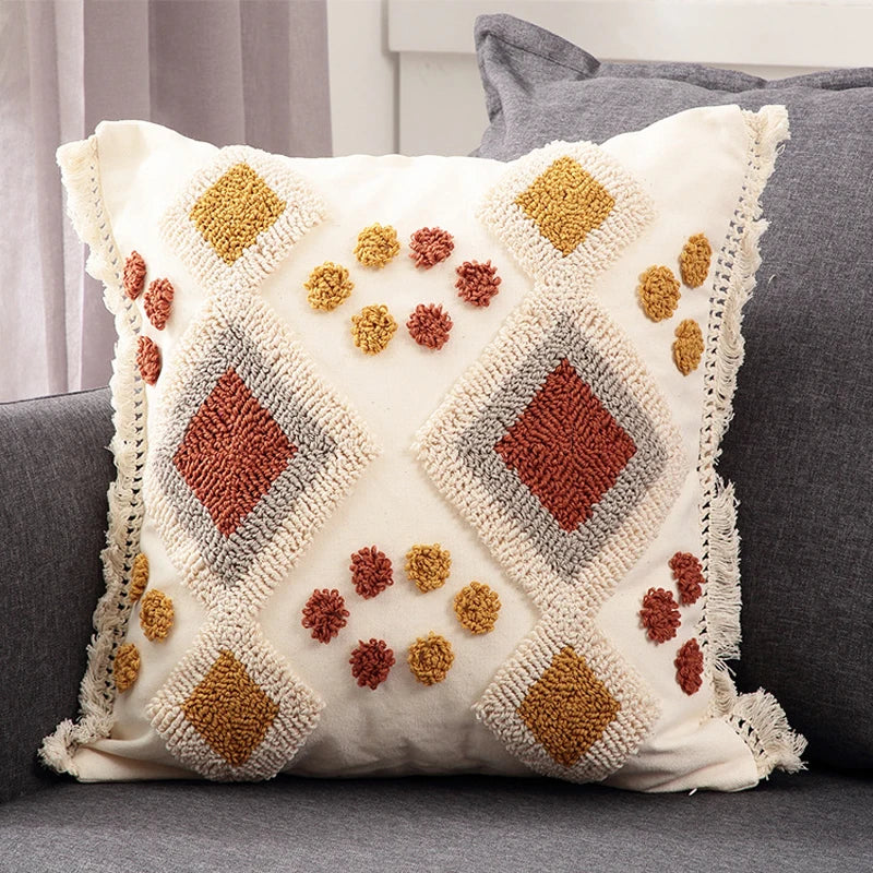 Axyaa Bohemian Tassel Tufted Cushion Cover for Home Decor
